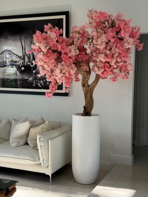 Matt White St. Tropez Planter with Custom Made Pink Cherry Blossom Tree - CFA Design Group Cherry Blossom Salon Decor, Pink Cherry Blossom Tree, California Mountain, Home Flower Arrangements, Wooden Garden Bed, Dried Flowers Diy, Green Orchid, Wood Trunk, Pink Cherry Blossom