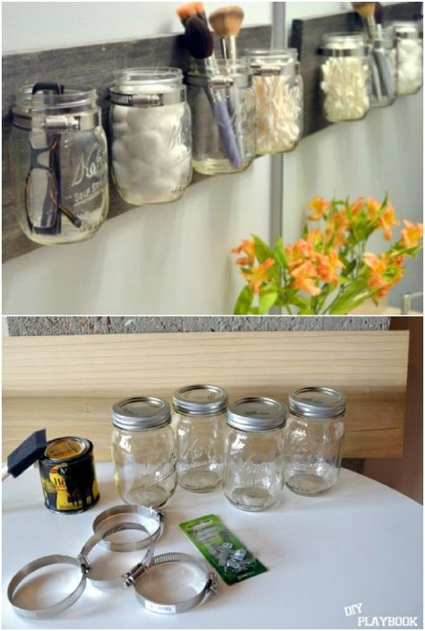 Mason Jar Wall-Mount - 21 DIY Makeup #Organizing Solutions that’ll Change Your Whole #Beauty Regimen Makeup Storage Containers, Diy Makeup Organizer, Makeup Drawers, Diy Storage Projects, Makeup Storage Drawers, Organization Wall, Penyimpanan Makeup, Koti Diy, Diy Makeup Storage