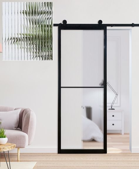 Fluted Glass Sliding Door, Japanese Style Sliding Door, Fluted Glass Door, Mirror Barn Door, Glass Barn Door, Glass Kitchen Cabinets, Glass Sliding Door, Steel Barns, Sliding Door Design