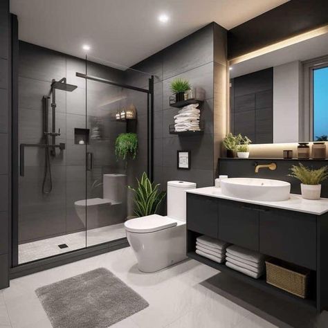 Modern House Design Bathroom, Restroom Remodel Ideas Modern, Masters Bathroom Modern, Grey Bathroom Aesthetic, House Interior Black And White, Toilet And Bathroom Design Modern, Modern Small House Design Interiors, Small Interior House Design, Small House Design Interior Ideas