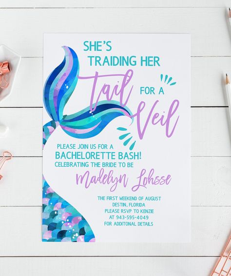 Tail To Veil Bachelorette, Little Mermaid Bridal Shower Ideas, Mermaid Theme Bachelorette Party, Mermaid Bridal Shower Ideas, Veil Bachelorette Party, Mermaid Bachelorette Party, Mermaid Bridal Showers, Wedding Shower Brunch, Mermaid Bachelorette