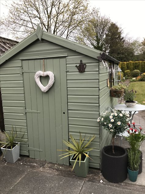 Painting my shed this colour! Garden Fence And Shed Colours, Outdoor Shed Paint Ideas, Painted Metal Shed, Green Sheds Painted, Shed Colours Ideas, Painted Sheds Ideas Colour, Garden Shed Colours, Outdoor Wc, Painted Sheds