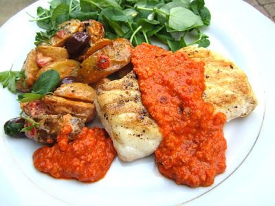 What's for Dinner? Fish w/ Romesco & Spanish Potato Salad Spanish Potato Salad, Spanish Sauce, Almonds Roasted, Spanish Dinner, Spanish Potatoes, Dinner Fish, Shell Fish, Romesco Sauce, What's For Dinner