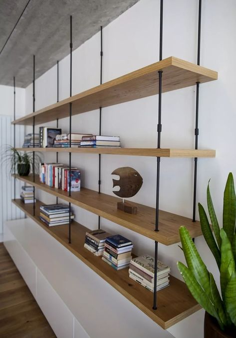 Floating Book Shelf Ideas, Floating Book Shelf, Book Shelf Ideas, Timber Shelves, Floating Shelf Decor, Living Room Tv Unit Designs, Bookcase Design, Shelving Design, Architectural House Plans