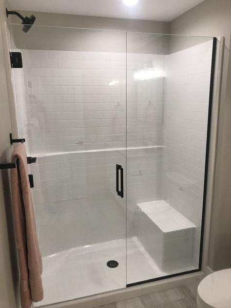 One Piece Shower Stall Walk In, Shower Insert With Glass Door, Fiberglass Walk In Shower Master Bath, Walk In Fiberglass Showers, Shower Insert With Bench, Bathroom Modern Farmhouse Style, Basic Walk In Shower Ideas, Drop In Shower Ideas, Fiberglass Shower With Glass Door