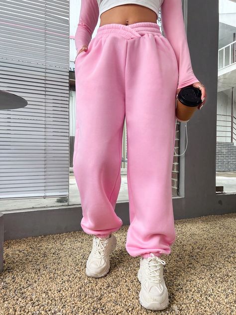 SHEIN EZwear Solid Slant Pocket SweatpantsI discovered amazing products on SHEIN.com, come check them out! Jogger Rosa, Women Sweatpants, Pink Sweat, Pocket Sweatpants, Pink Joggers, Rose Bonbon, Pink Collar, Pink Collars, Pink Pants