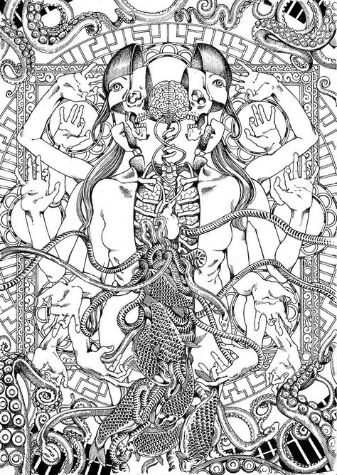 Shintaro Kago, Meaningful Paintings, Horror Drawing, Story Drawing, Scary Tattoos, Mc Escher, Dark Ink, Horror Tattoo, Cosmic Horror