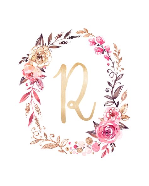 Tarjetas The Letter K, Letter K, Pink Flowers, Wreath, Glitter, Floral, Flowers, Gold, Pink