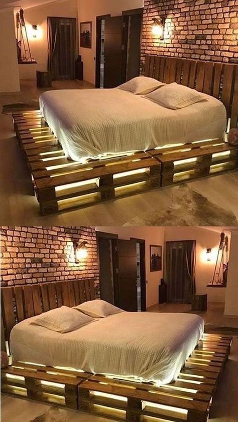 Pallet Bed With Lights, Boho Decor Diy, Wood Pallet Bed Frame, Pallet Bed Frame Diy, Wooden Pallet Beds, Pallet Bed Frames, Pallet Bed Frame, Diy Pallet Bed, Pallet Furniture Designs