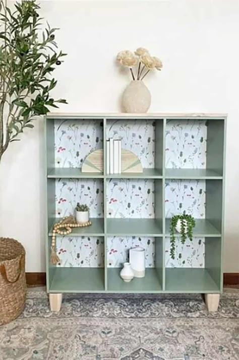 Cube Storage Upcycle, 9 Cube Storage Makeover, Cube Shelf Makeover, Diy Cube Storage Makeover, Cube Shelves Diy, Cube Storage Makeover, Ikea Living Room Hacks, Ikea Cube Shelves, Cube Storage Decor