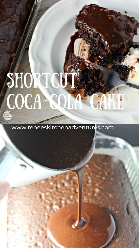 Shortcut Coca-Cola Cake by Renee's Kitchen Adventures. Super easy recipe for classic coca-cola cake with warm, rich, fudgy icing. Starts with a boxed cake mix for ease of preparation!! Chocolate… Chocolate Cake Mix Desserts, Chocolate Coca Cola Cake, Coca Cola Recipes, Sugar Free Chocolate Cake, Chocolate Box Cake, Chocolate Cake Mix Recipes, Coke Cake, Cola Recipe, Box Cake Recipes