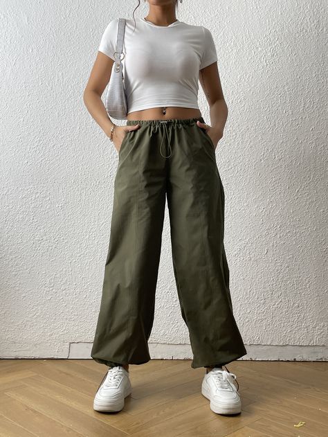 Army Green Casual Collar  Woven Fabric Plain Jogger Embellished Non-Stretch  Women Bottoms Fashion Online Shop, Green Parachute Pants, Army Green, Women Bottoms, Drawstring Waist, Women Pants, All Fashion, Parachute Pants, Woven Fabric