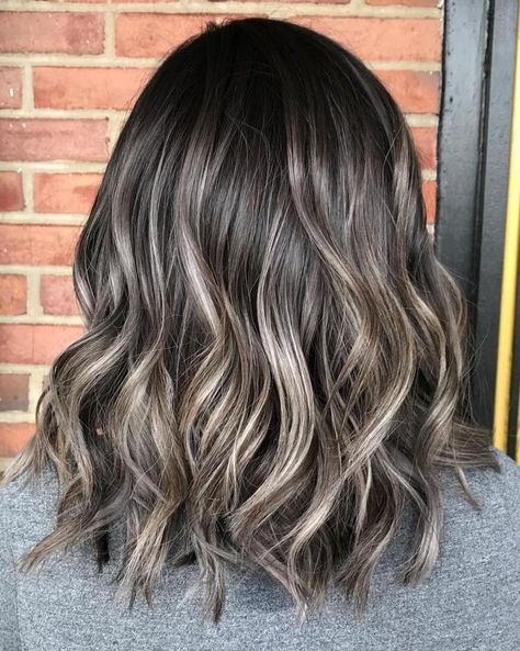 Subtle Ash Brown Balayage Lob Silver Underlights, Rich Girl Hair, Grey Brown Hair, Brown Hair With Lowlights, Hair Lights, Gray Balayage, Underlights Hair, Balayage Blond, Ash Brown Hair