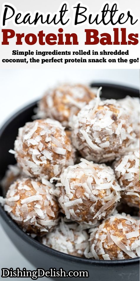 Peanut Butter Protein Balls made with peanut butter, honey, gluten free oats, and chocolate chips, then rolled in shredded coconut are the perfect protein snack on the go! Protein Balls With Coconut Flakes, Oats And Chocolate Chips, Oats And Chocolate, Oatmeal Energy Bites, Peanut Butter Protein Balls, Peanut Butter Protein Shake, Peanut Butter Energy Balls, Making Peanut Butter, Protein Mug Cakes