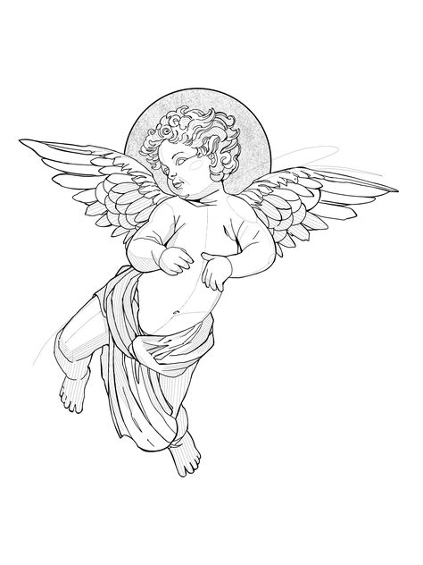 Angel With Trumpet Drawing, Cheribum Angels Tattoos, Cherub Angel Drawing, Angel Tattoo Flash, Cherub Drawing, Simple Angel Tattoos, God Drawings, Cherub Art, Half Sleeve Tattoo Stencils