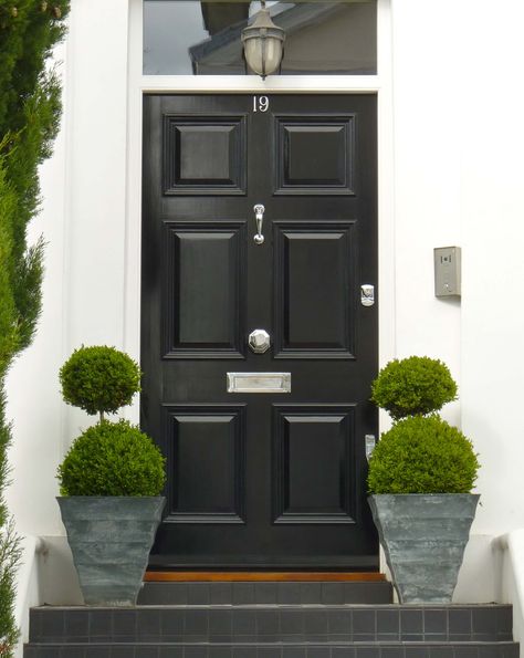 Grand, oversized Georgian front door with moulded panel detail clear glass fanlight and chrome door furniture. Hand-painted in classic black. Rustic Brick House Exterior, Oversized Front Door, Georgian Front Door, London Renovation, Victorian Front Doors, Georgian Doors, Black Front Door, Garage Door Types, Cow House