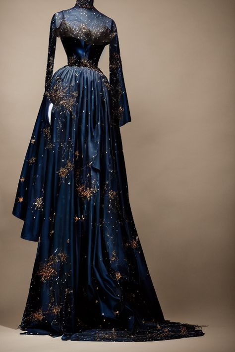 Black Starry Dresses, Celestial Evening Gown, Ravenclaw Dress Aesthetic, Moon Themed Ball Gown, Laura Fantasy Gown, Acomaf Night Court Clothes, Star Gown Night Skies, Starfall Ball Dress, Acotar Inspired Wedding Dress