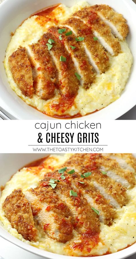 Grits Toppings Breakfast, Chicken Cheese Skillet, Grits Meals Dinners, Cajun Chicken And Cheesy Grits, Grits And Sausage Breakfast, Dinner Sides With Chicken, Cajun Main Dishes, Recipes Using Grits Dinners, Cheesy Comfort Food Recipes