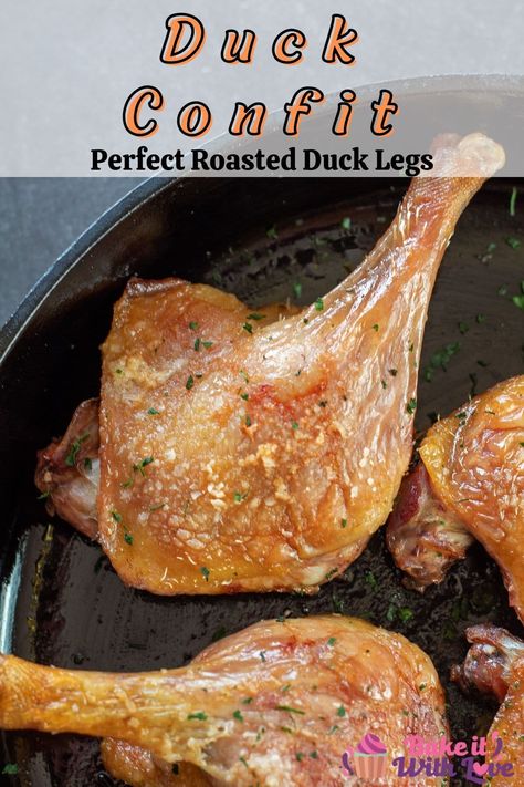 Tasty roasted duck legs cooked in duck fat in a cast iron skillet until perfectly tender then seared to serve. Crispy Duck Leg Recipes, Duck Maryland Recipes, Duck Thigh Recipes, Roasted Duck Legs Recipe, Oven Roasted Duck, Duck Leg Recipes, Duck Confit Recipe, Confit Duck Leg, Roasted Duck Recipes