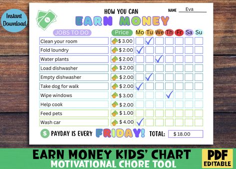 Money Chore Chart For Kids, Kids Allowance Chart, Money Chore Chart, Allowance Chore Chart, Kids Weekly Chore Chart, Responsibility Chart For Kids, Kids Allowance, Allowance Tracker, Allowance Chart