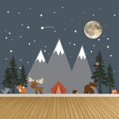 Forest Animal Wall Decal Set with Stars and Moon. Sizes: Mountains 67" wide x 50" high, moon 14" x 14", largest tree 36" high x 14" wide, tent 18" x 10" , moose 12" x 14", bear 11" x 9", largest star 4" x 4". Everything else is in proportion. | Modern Walls Camping Under The Stars Wall Decal Vinyl in Black/Gray, Size 60.0 H x 90.0 W in | Wayfair | Home Decor Mountain Nursery Wall, Camping Nursery, Camping Wall Art, Woodland Wall Decals, Adventure Nursery Decor, Camping Under The Stars, Forest Nursery Decor, Peel And Stick Wall Decals, Mountain Wall Decor