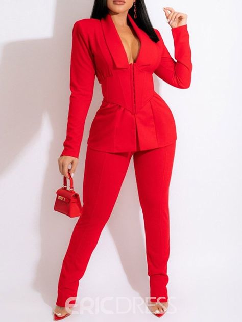 Ericdress Blazer Fashion Full Length Long Sleeve Formal Suit 32330294 - Ericdress.com Casual Work Style, Corset Blazer, Business Casual Suit, Casual Work Attire, Red Two Piece, Womens Suits Business, Ladies Blazer, Business Pants, Two Piece Pants Set