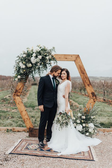 Wooden Hexagonal Moon Gate | Geometric Wedding Decor & Styling by Locate to Create at The Cherry Barn | Rebecca Carpenter Photography Wedding Hexagon Arch, Wedding Hexagon, Hexagon Arch, Geometric Wedding Decor, Floral Lace Wedding Dress, Hexagon Wedding, Greenery Wedding Decor, Wedding Ceremony Ideas, Greenery Decor