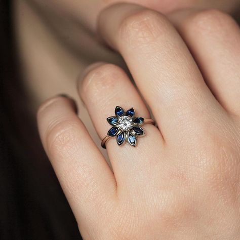 When you need something blue💙 and something that says spring at the same time 🌸  Diamond and Royal blue Sapphire Flower ring is the answer. Tap for details✨ Sapphire Flower Ring, Marquise Sapphire, Blue Engagement Ring, Floral Engagement Ring, Flower Engagement Ring, Daisy Ring, Solid Gold Band, Sapphire Diamond Ring, Ring Blue