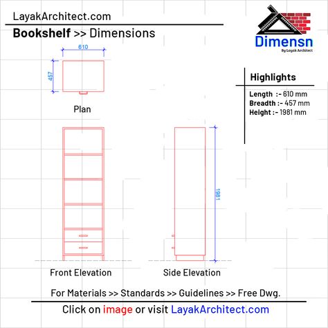 bookshelf free dwg download Bookshelf Dimensions, Bookshelf Plans, Library Bookshelves, Furniture Dimensions, Plan Drawing, Drawer Shelves, Front Elevation, Detailed Drawings, Home Design Plans