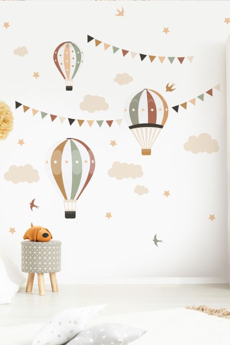 Transform your child's room into a whimsical wonderland with our Wall Decal Balloons in Ocher, Green and brown. Featuring a playful design of hot air balloons, clouds, and stars, this decal is the perfect addition to any kids' room, playroom, or nursery. Made from high-quality vinyl, our decal is easy to apply and remove without damaging your walls. Plus, with its peel and stick feature, you can have a new look in just minutes! Storage Nursery Ideas, Playroom Decoration Ideas, Kids Study Room Ideas, Playroom Decor Ideas, Toddler And Baby Room, Playroom Mural, Baby Room Decals, Boho Kids Room, Hot Air Balloon Nursery