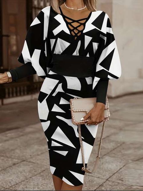 Black V-neck Dress With Abstract Print, Black Geometric Pattern Dress For Spring, Black Geometric Pattern Spring Dress, Black Spring Dress With Geometric Pattern, Spring Black Dress With Geometric Pattern, Casual Black Dress With Geometric Pattern, Elegant Black Dress With Graphic Print, Chic Black Dress With Abstract Print, Elegant Black Dress With Abstract Print