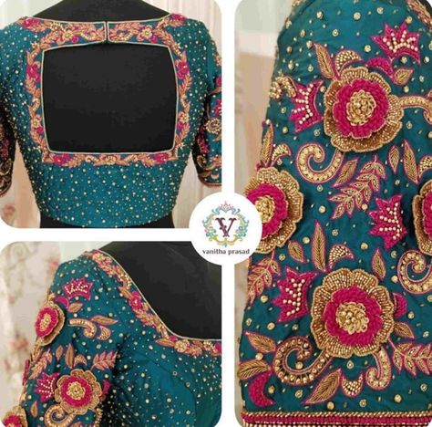 Stunning Aari Work Blouse Designs 2020 For Silk Sarees! 3d Aari Work Blouse, 3d Aari Work, Sarees Simple, Simple Wedding Blouse Designs, Aari Work Blouse Designs, Work Blouse Designs, Patch Work Blouse Designs, Embroidery 3d, Aari Designs