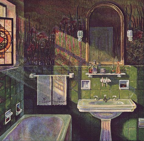 c. 1925. Aquatic Theme, 1920s Interior, 1920s Decor, Green Tile Bathroom, Retro Bathrooms, Vintage Bathrooms, Green Tile, Vintage Interiors, Green Bathroom