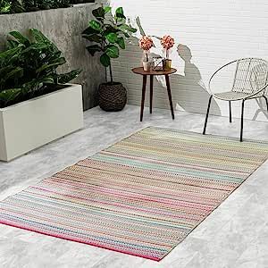 Fab Habitat Striped Outdoor Rug - Waterproof, Fade Resistant, Crease-Free, Reversible - Premium Recycled Plastic - Patio Porch Balcony Deck - Cancun Candy - 8x10 ft Outdoor Rugs Patio Ideas, Rug Waterproof, Outdoor Camping Rugs, Straw Rug, Deck Balcony, Waterproof Rug, Playroom Rug, Balcony Deck, Patio Rug