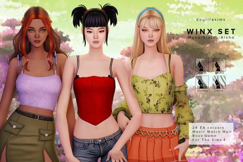 WINX CLUB Inspired Hairstyles for The Sims 4 Daylife Sims, Sims Love, Pelo Sims, Colour Hair, The Sims 4 Packs, Tumblr Sims 4, Hair Set, Club Hairstyles, Sims 4 Mm