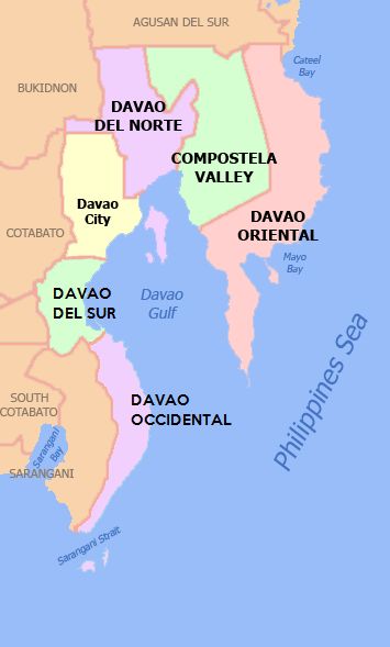 This is the Davao Region in the southern Philippines. Davao Occidental, the newest province of the Philippines, is more sur (south) than Davao del Sur, which, in turn, is more occidental (west) than Davao Occidental. Davao Region, City Maps Illustration, Davao Del Sur, Travel Local, Davao City, Anime Expressions, Davao, Collage Template, Illustrated Map