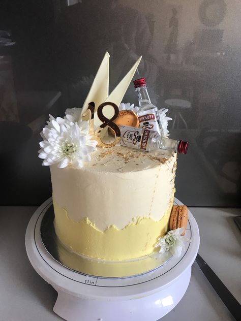 Yellow 18th Birthday Cake, White Chocolate Shards, Alcohol Birthday Cake, Chocolate Shards, 18th Party, Alcohol Cake, Macaroon Cake, 18th Cake, Gold Birthday Cake