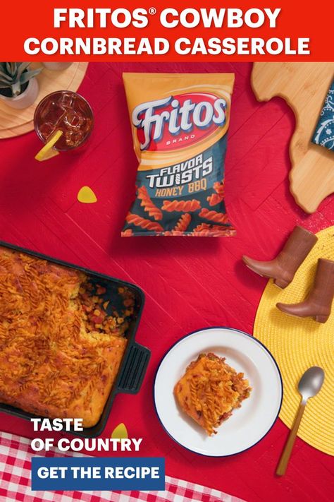 Eat like a cowboy, no hat or boots required. Enjoy a twist (pun intended) on a country classic with cowboy cornbread casserole made crunchy using Fritos® Honey BBQ Flavored Twists—the go anywhere, dip into anything, down for everything chip. #ad Frito Cornbread Casserole, Frito Cowboy Cornbread Casserole, Fritos Honey Bbq Twists Recipes, Fritos Cowboy Cornbread Casserole, Cowboy Cornbread Casserole Recipe, Cowboy Casserole Cornbread, Cowboy Cornbread Recipe, Fritos Recipes, Frito Recipes