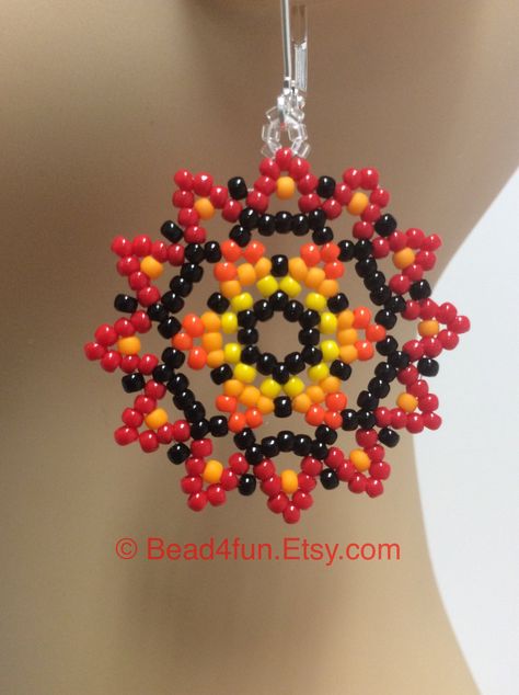 Seed Beaded Earrings Name: Free Spirited Mandala Earrings | Etsy Huichol Beading Tutorials, Seed Bead Necklace Diy, Seed Bead Patterns Free Earrings, Seed Bead Earrings Tutorial, Seed Bead Bracelets Diy, Seed Bead Patterns Free, Seed Bead Bracelet Patterns, Ear Art, Mandala Earrings