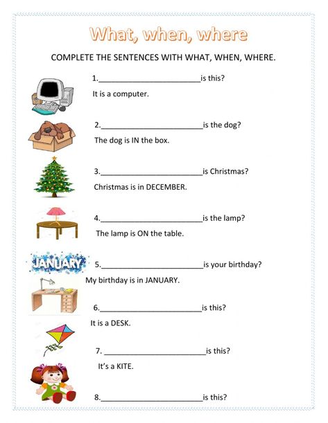 What When Where Worksheet, English Grade 2 Worksheets, When Worksheet, Where Worksheet, Common Nouns Worksheet, Simple Past Tense Worksheet, Greek Lessons, Practice English Grammar, Tense Worksheet