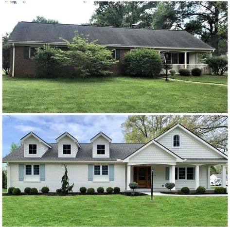 Adding Second Floor To Ranch House, Adding A Second Story To A Ranch House, Adding Second Story To Ranch, Ranch House Second Story Addition, Ranch To Two Story Remodel, Faux Dormers On Ranch House, Ranch Style Homes Exterior Before And After Second Story Addition, Ranch House Landscaping, Ranch House Additions