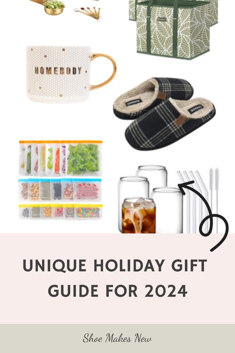 Unique holiday gift ideas for 2024, including a mug with "Homerdaddy," slippers, produce storage bags, and glass straws. Gift Themes For Christmas, 2024 Christmas Gift Trends, Gifts For The Person Who Has Everything, Christmas Gift Guide 2024, Gift Guides 2024, Holiday Gift Guide 2024, 2024 Gift Guide, 2024 Gift Ideas, Gift Guide 2024