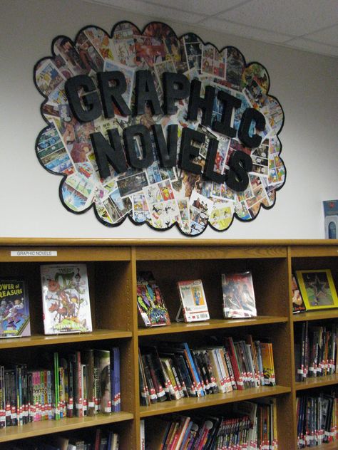 Found on Bing from www.pinterest.com Graphic Novel Library Sign, Graphic Novel Bulletin Boards, Graphic Novel Sign Library, Genre Signs For Library, New Book Signs For Library, Graphic Novel Display For Library, Library Genre Signs, Library Behavior Management, New Years Library Display