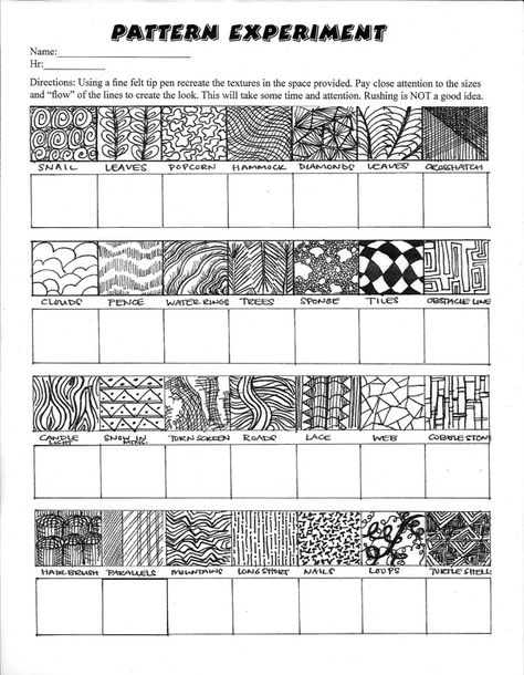 Patterns Drawing Texture Worksheet, Coloring Reference, Formal Elements Of Art, Sketchbook Prompts, Technology Lesson, Ink Techniques, Pattern Worksheet, Zen Doodle Patterns, 3d Design Projects