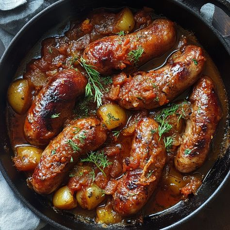 Rougail Reunion Sausages Ingredients : 6 smoked sausages (or Creole sausages) 4 ripe tomatoes 2 onions 3 cloves of garlic 1 piece of fresh ginger (about 2 cm) 1 to 2 red peppers (depending on your tolerance) 2 tablespoons of sunflower or olive oil 1 sprig of thyme 1/2 teaspoon turmeric (optional) Salt and pepper to taste Preparation : Preparation of sausages: Prick the sausages with a fork and boil them for 10 minutes in a pan of water. This allows them to be lightly degreased. Drain and cut... Fresh Sausage Recipes, Sausage Roast, Smoked Sausages, Homemade Sausage Recipes, Quick Healthy Dinner, Work Meals, Homemade Sausage, Supper Recipes, Instant Pot Dinner Recipes