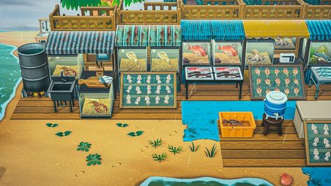 Fish Market Anch, Fishing Market Animal Crossing, Acnh Fish Market Code, Acnh Fish Market Ideas, Acnh Fish Design Codes, Fish Stall Acnh, Acnh Fish Market Design, Acnh Fishing Market, Acnh Asian Market