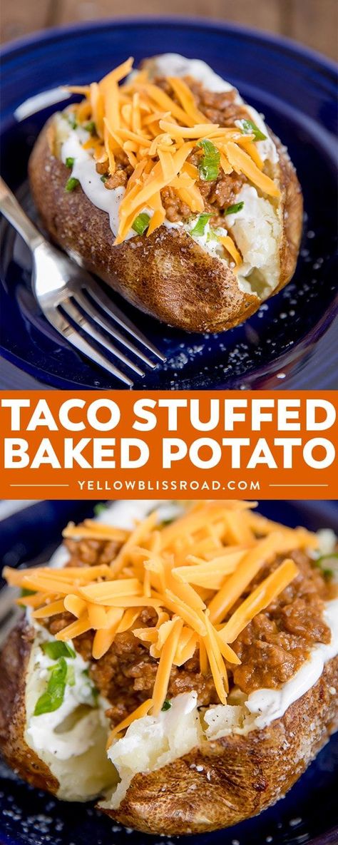 Baked Potato Stuffed, Baked Potato Dinner, Meat And Potatoes Recipes, Potato Stuffed, Perfect Baked Potato, Stuffed Baked Potatoes, Spicy Tacos, Potato Tacos, Potato Dinner