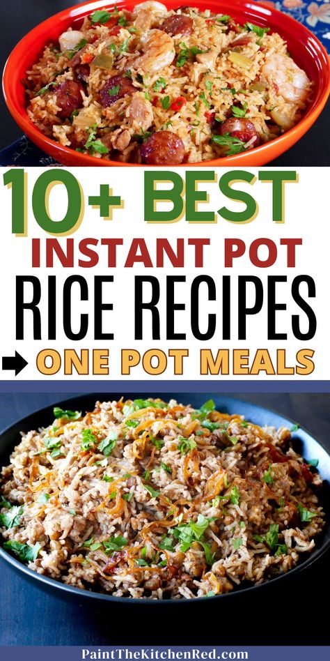 Get the best quick and easy Instant Pot rice recipes! Great ideas for busy weeknights. Try jambalaya, biryani, arroz con pollo, plain white rice, or brown rice. Instapot Recipes With Rice, Easy Instant Pot Rice Recipes, Rice Meals Instant Pot, Instapot Rice Meals, Cooking Rice In Instant Pot, Pressure Cooker Rice White, Instant Pot Rio Recipes, Pressure Cooker Rice Recipes, Instant Pot Brown Rice Recipes