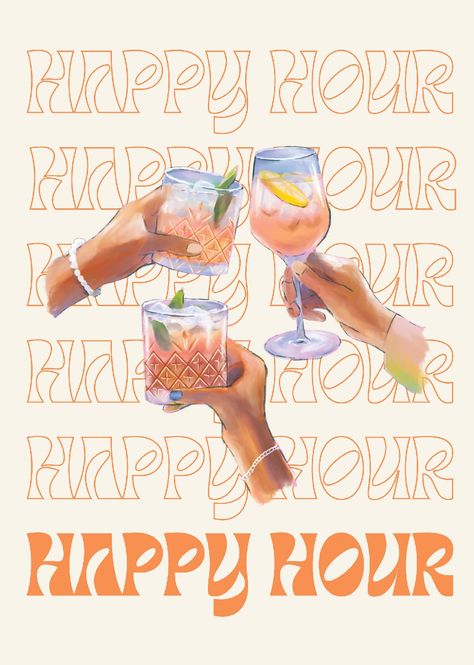 Happy Hour Poster Design, Happy Hour Poster, Drink Prints, Happy Hour Print, Fbi Headquarters, Trendy Drinks, Cocktail Illustration, Cart Decor, Cocktail Book