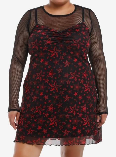 Twofer Dress, Plus Size Hot, Plus Size Black Dresses, Social Dresses, Dream Outfits, Mesh Long Sleeve, Red Star, Hoodie Girl, Plus Dresses